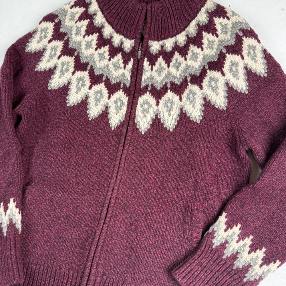 LL Bean Lambs Wool Knit Cardigan Sweater Zip Fair Isle Burgundy Size XL - Picture 7 of 9